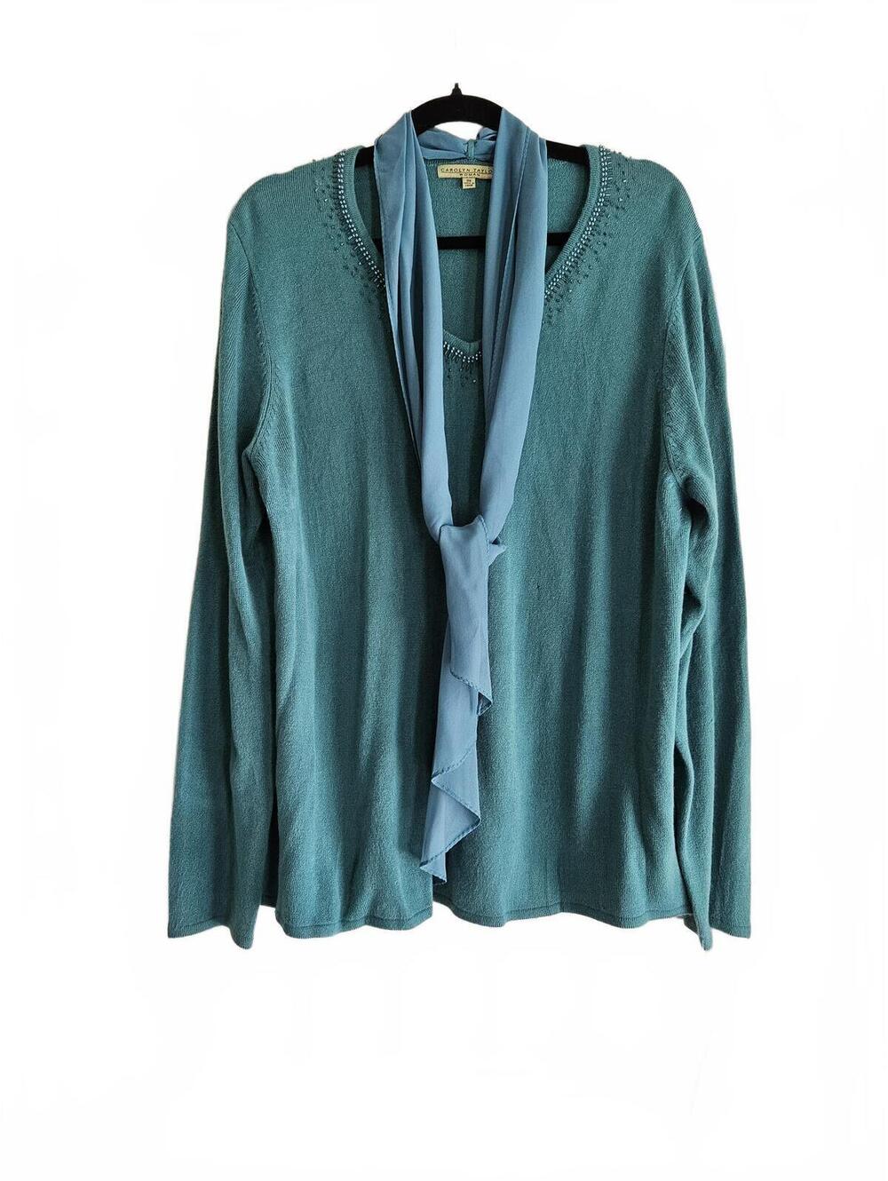 Carolyn Taylor Woman 3X Teal Sweater with Attached Scarf NWT